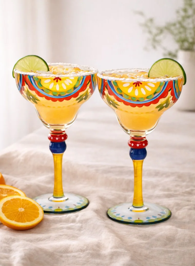 1Chase Clear Hand Painted Margarita Glasses Moroccan Collection, Orange Blossom Design 270ML Set of 2, Artisan Decorative Cocktail Glassware, Unique Kitchen Table Décor Glasses  | Best Price UAE